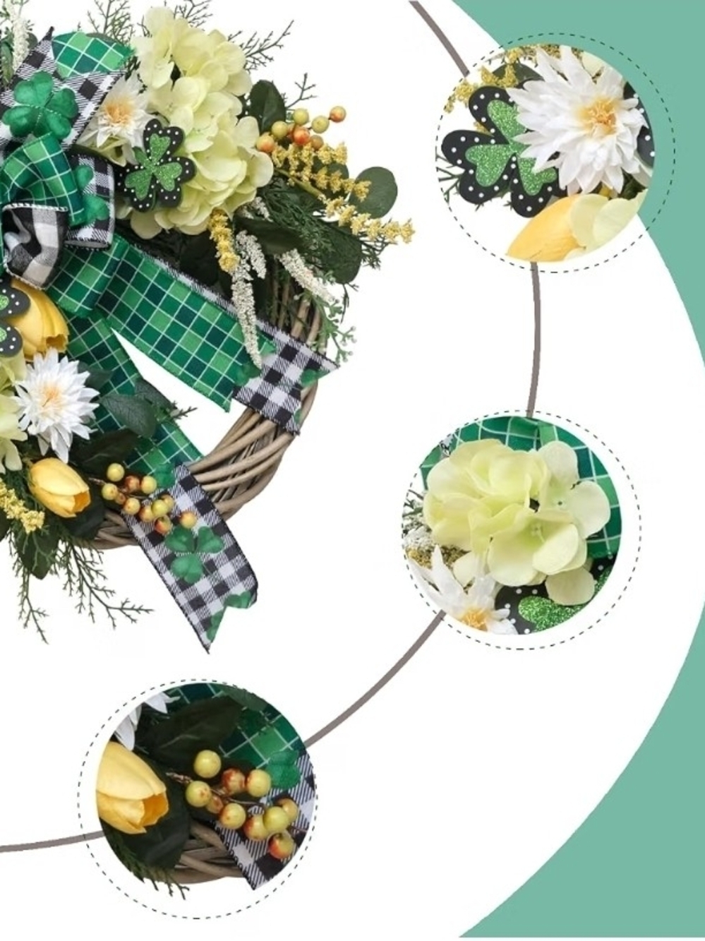 St. Patrick's Day Spring Wreath with Green Plaid Bow & Yellow Accents - Picture 4 of 8